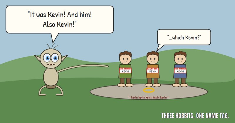 Cartoon: Gollum pointing at three hobbits all wearing KEVIN name tags.