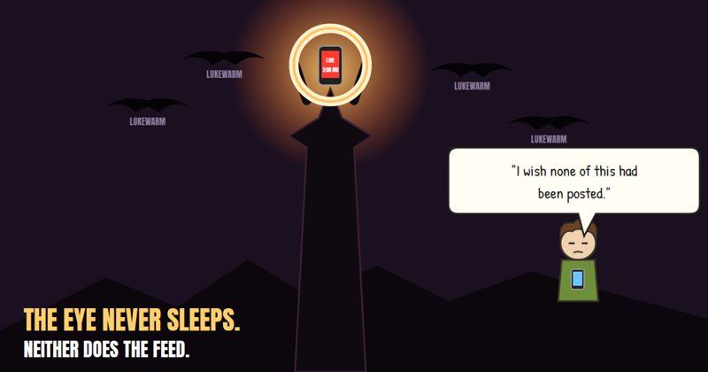 Cartoon: the tower's eye replaced by a ring light and phone reading LIVE 2:08 AM.