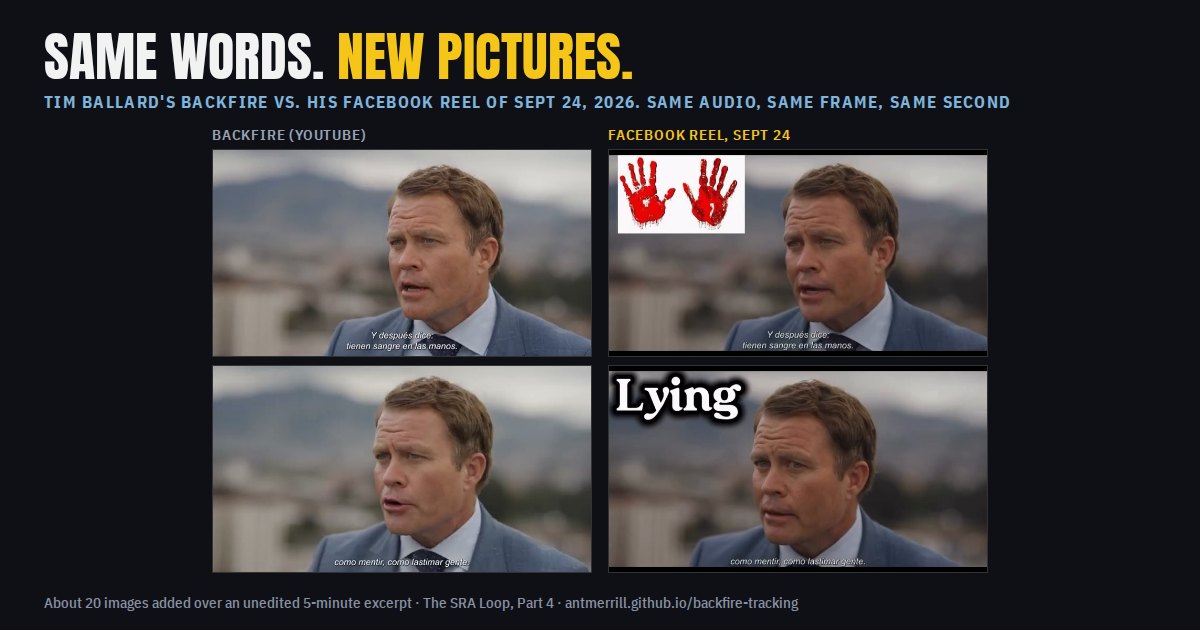 Card: Same words, new pictures. Two frames from Backfire beside the same frames in Ballard's Facebook reel, with bloody handprints and the word Lying added.