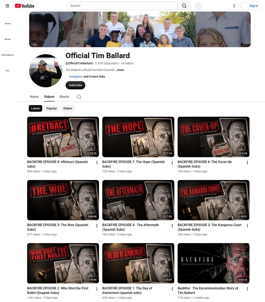 Ballard's YouTube Videos tab: eight Backfire episodes marked 3 days ago and the full video 2 weeks ago
