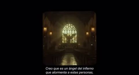 A dark church interior with a glowing window